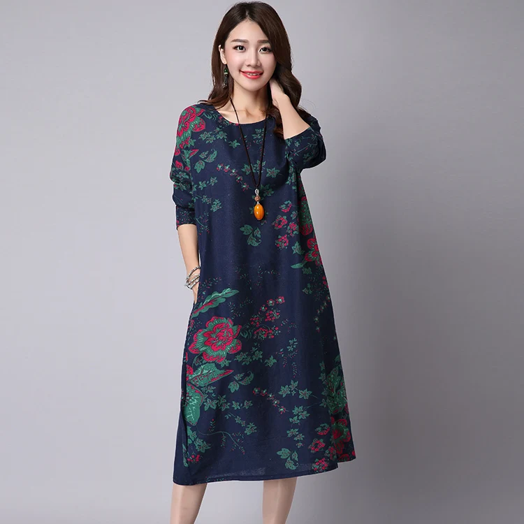 Демисезонный Винтаж платье 2018 Новый Для женщин длинный рукав Цветочный принт