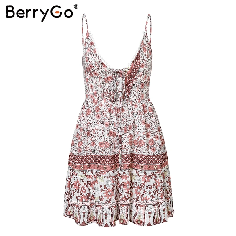 BerryGo Boho платья с v-образным вырезом и принтом женские Мини Летнее платье на