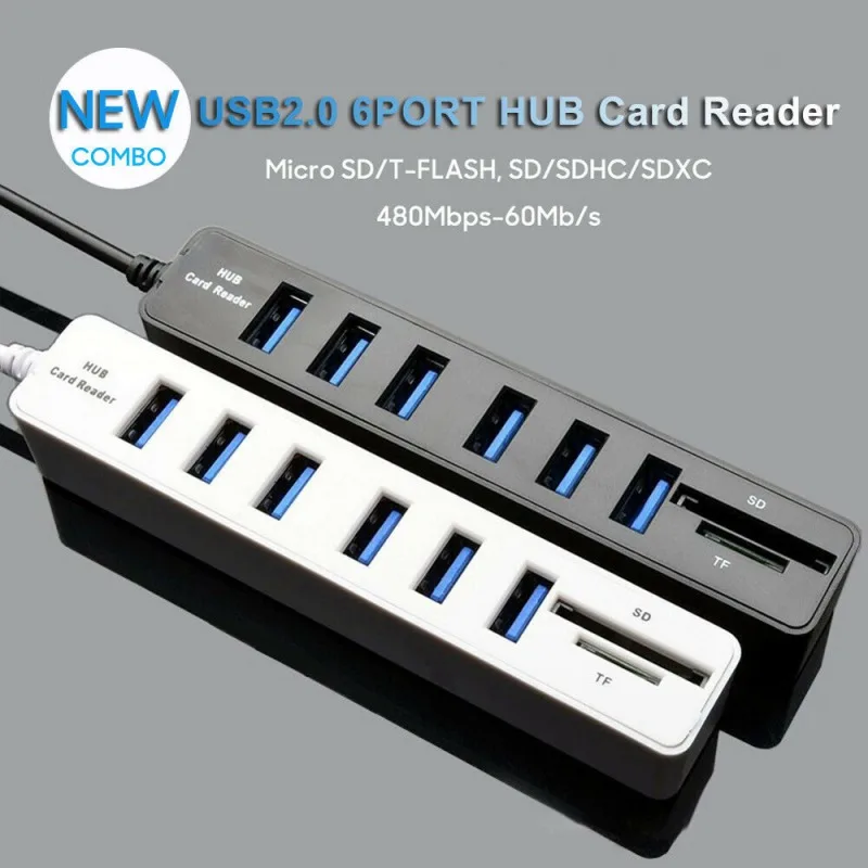 

Концентратор с 8 портами USB2.0, 6 портов USB + кардридер SD TF, сплиттер до 480 Мбит/с, Поддержка Windows Mac os