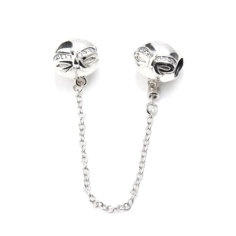 

925 Sterling Silver Safety Chain Charm with CZ Dainty Bow Beads Fit Europe Pandora Bracelet DIY Jewelry For Family