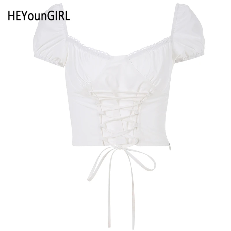 Белый HEYounGIRL белый винтажный короткий рукав короткий топ футболка элегантная открытая спина женская футболка Топ с рюшами бандажная футболка женская летняя - Цвет: Белый