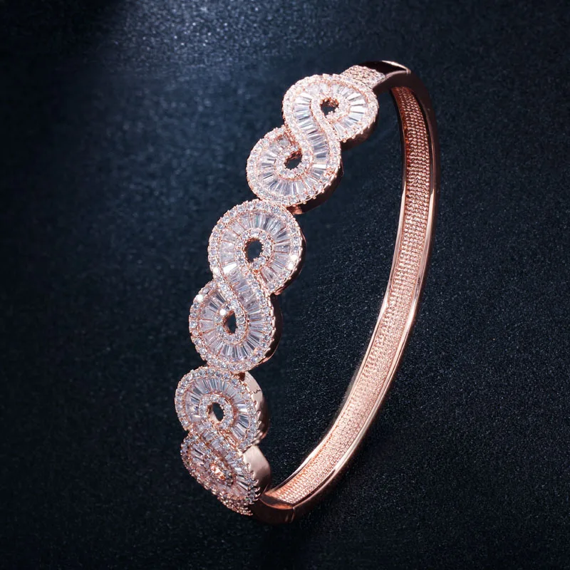 Rose Gold Color CWWZircons Мода кубический цирконий проложили серебро и розовое золото цвет Бесконечность открытый манжеты браслеты ювелирные изделия для женщин BG010 - Окраска металла: Rose Gold Color