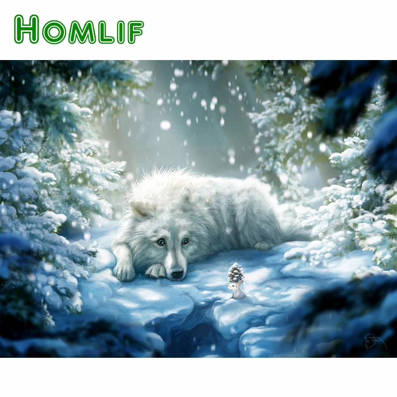 Алмазная вышивка HOMLIF 5D алмазная живопись сделай сам Белый Волк сон снег