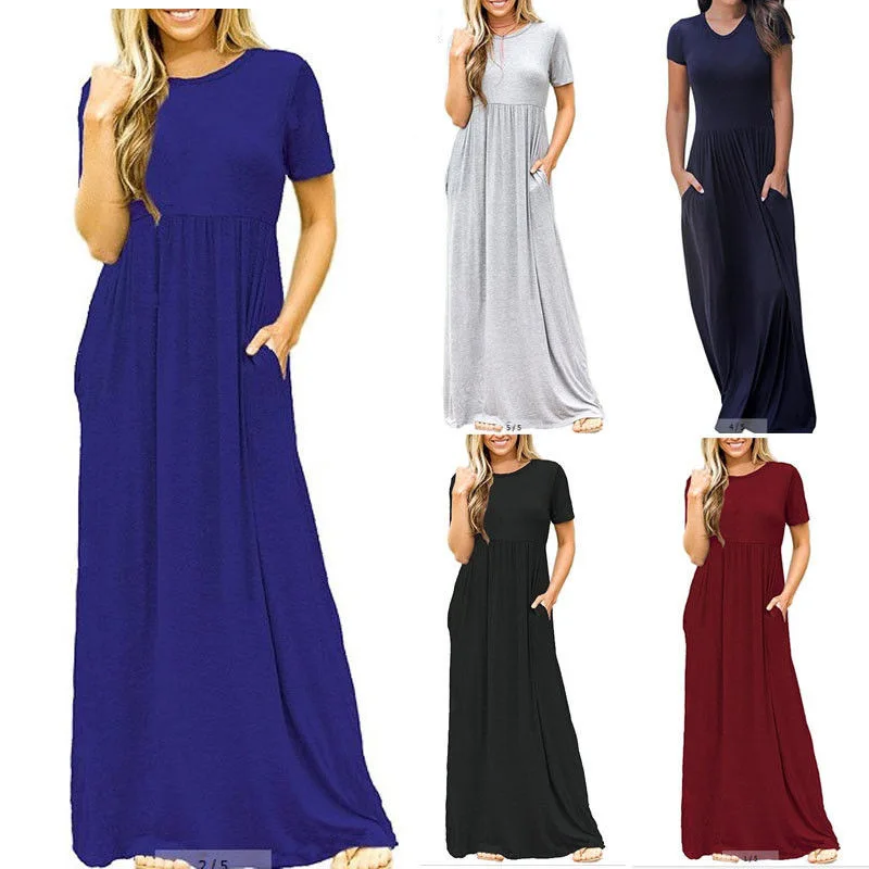 Новинка весна-лето 2018 однотонное платье с коротким рукавом и круглым вырезом