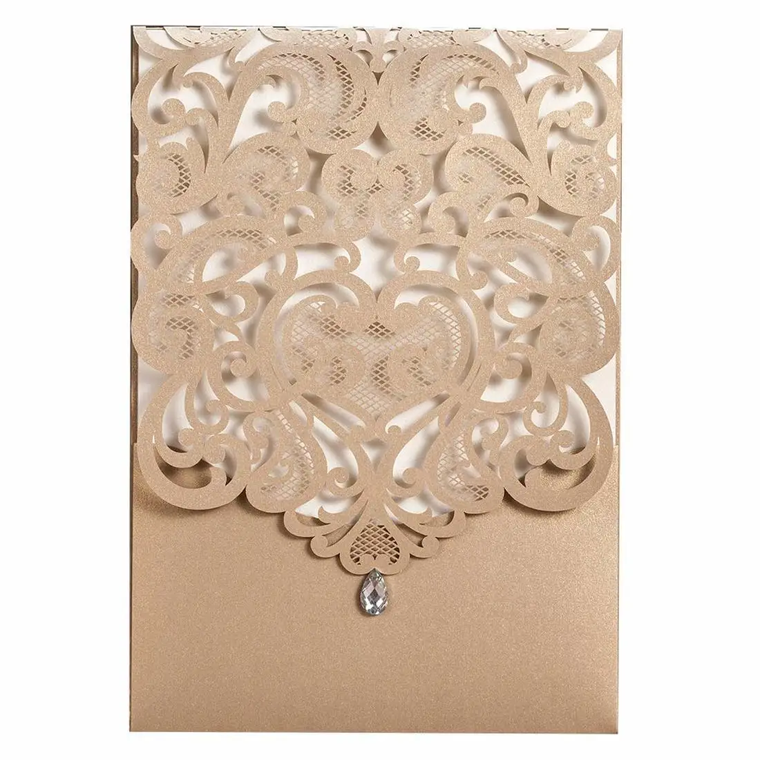 

100Pcs Gold & White Laser Cut Heart Design Wedding Invites, Printable Rhinestone Birthday Invitations Card Stock Party Favors