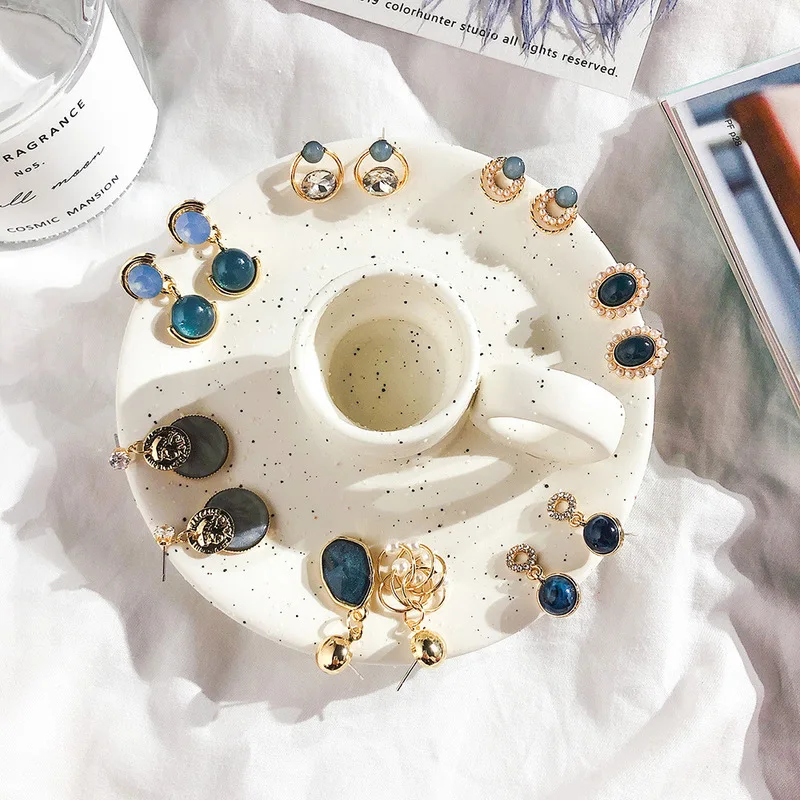 Женские синие серьги в Корейском стиле модные с геометрическим узором темно