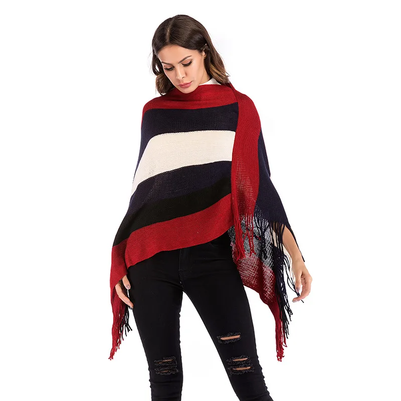 

Women Color Stripes Tassel Knit Crochet Ethnic Cape Poncho Winter Knitwear Coat