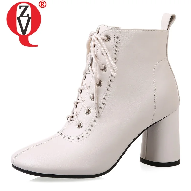 

ZVQ Woman Shoes Winter New Warm Fashion Sexy Square Toe Genuine Leather Ankle Boots Outside High Heels Zipper cross-tied Shoes