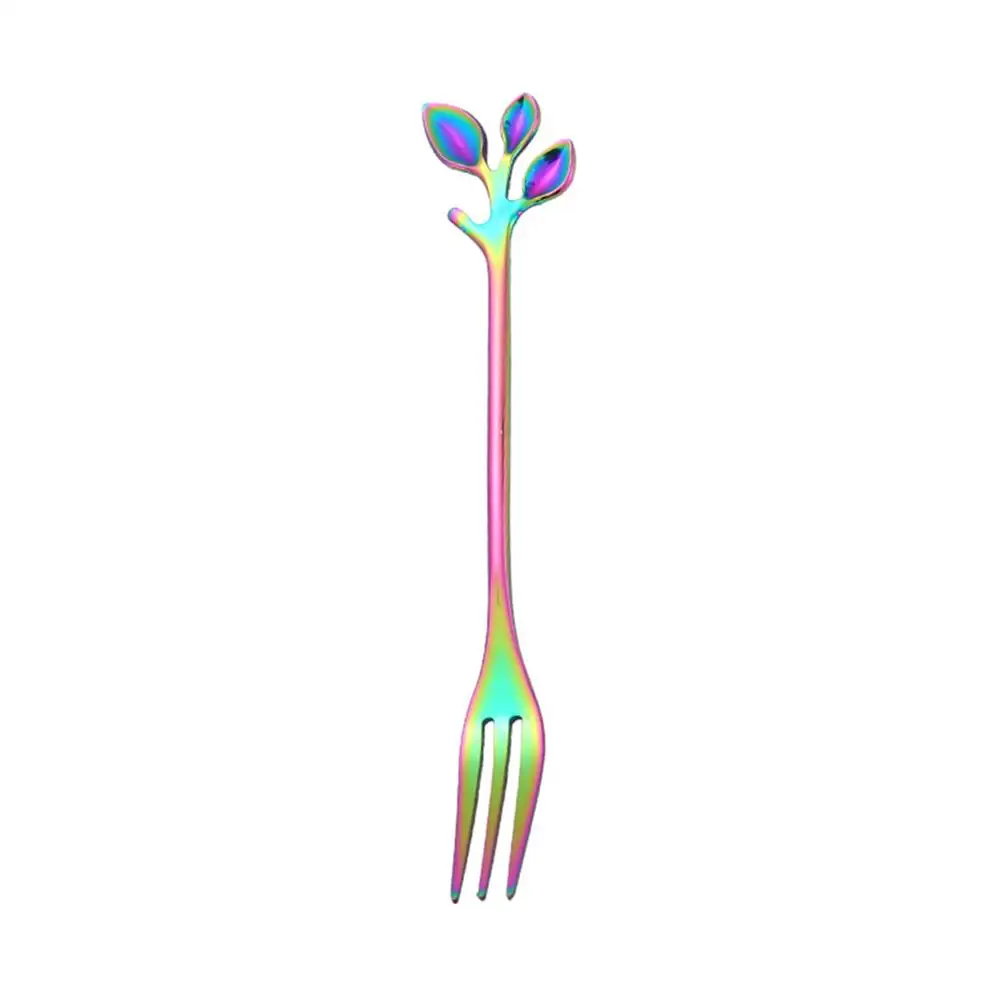 fork Ложка из нержавеющей стали, маленькая свежая ветка для перемешивания, кофейная ложка, лист, фруктовая вилка, подарок, титановая красочная посуда с покрытием - Цвет: fork