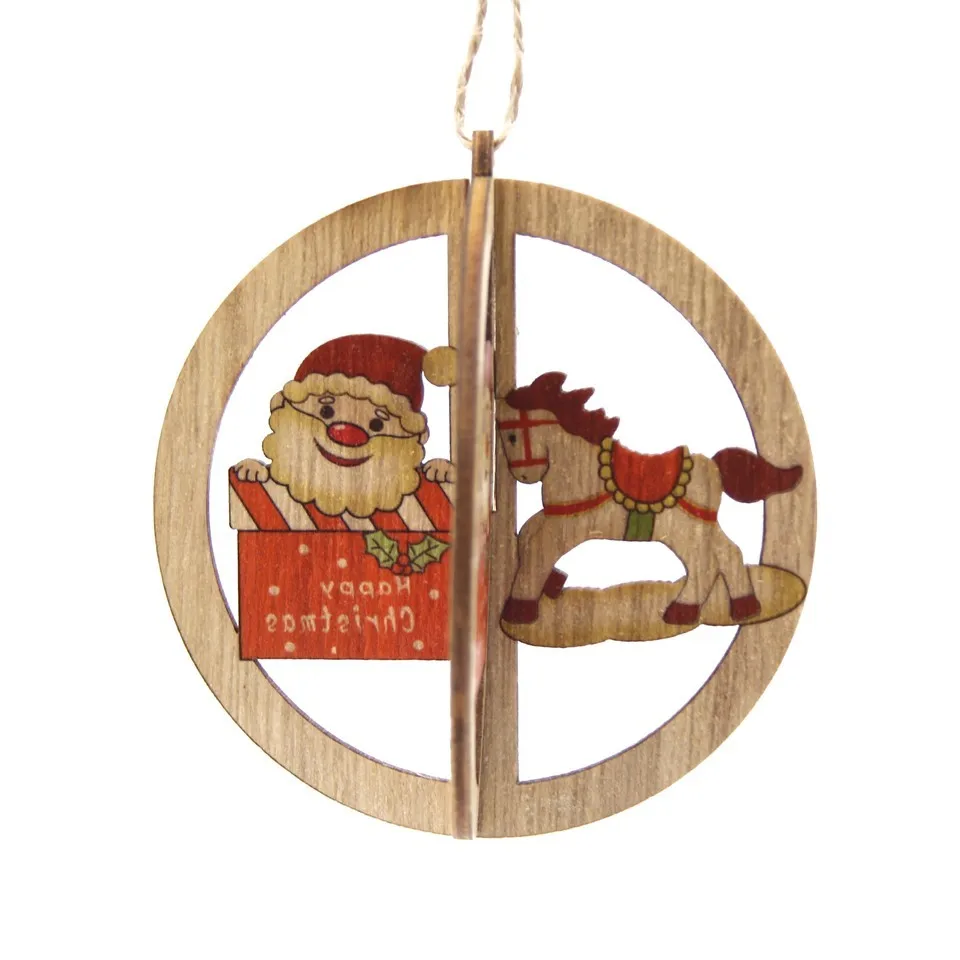 Round Santa Horse 3 набора, 3D креативные рождественские деревянные подвески, украшения, сделай сам, звезда и сердце, деревянные поделки, рождественские украшения, елочные украшения, детские подарки - Цвет: Round Santa Horse