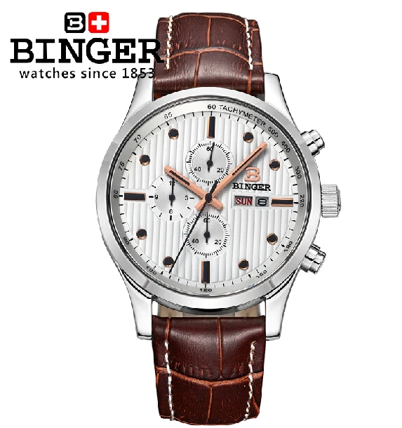 Швейцарские мужские часы люксовый бренд наручные Бингер кварцевые кожаный