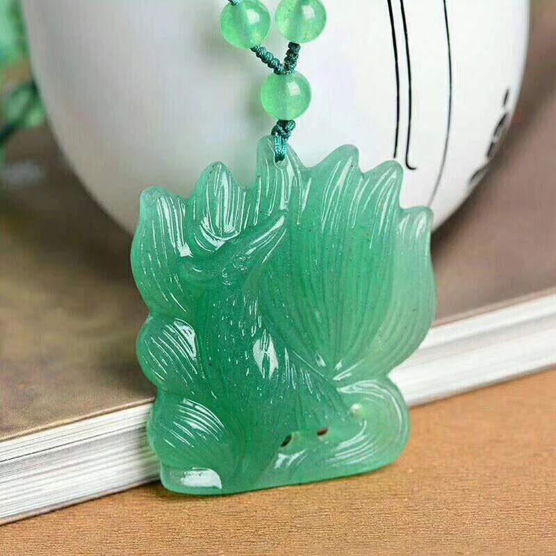 Wholesale Fine Green Natural Stone Pendants Carved Nine Tail Fox Pendant Sweater Chain Necklace Lucky for Women Crystal Jewelry
