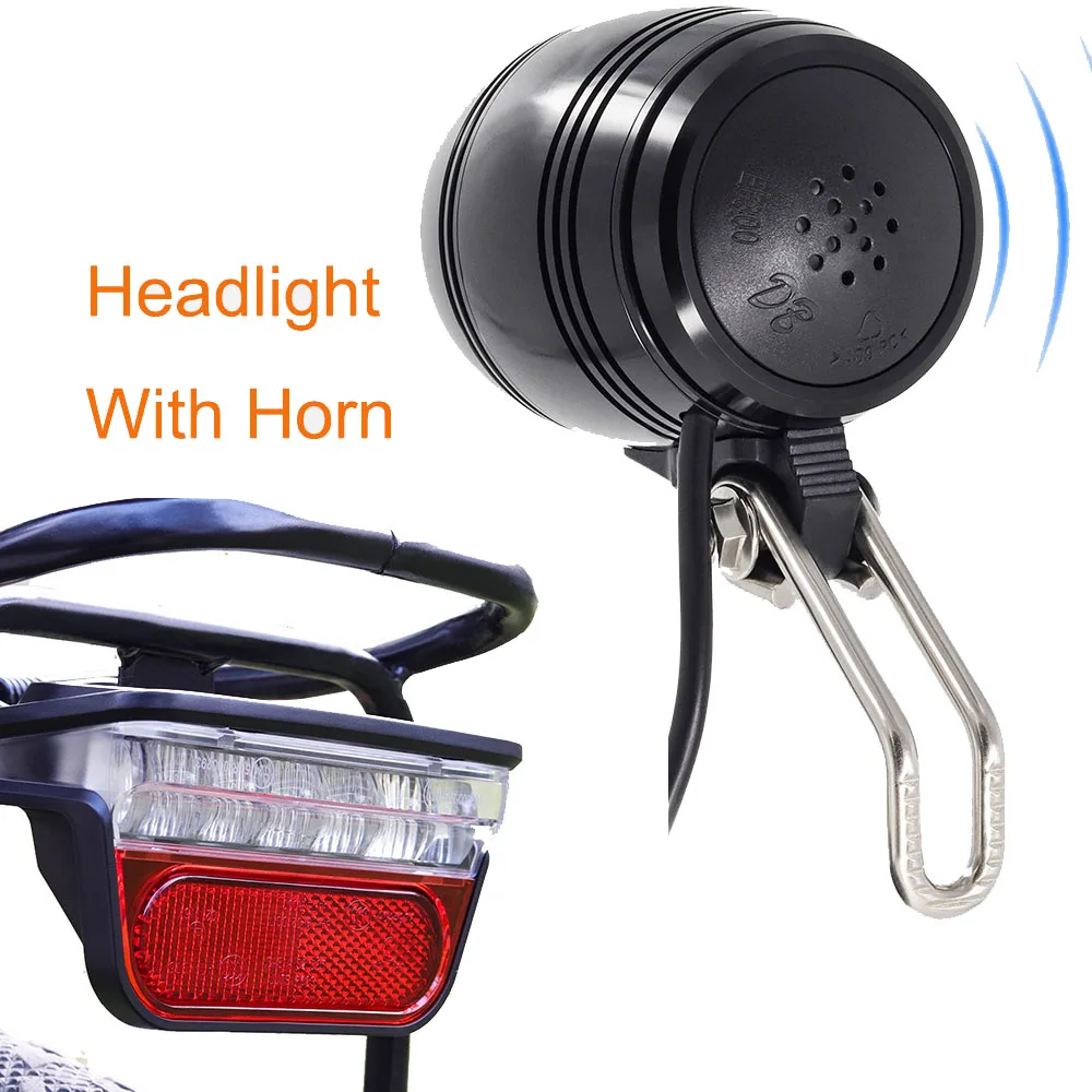 Headlight with horn Фара Onature для электровелосипеда, мощный электрический свет для велосипеда набор с фара для электровелосипеда в головной светильник и Байк, способный преодолевать Броды задний светильник DC е-байка 36В 48В 60В 72В - Цвет: Headlight with horn