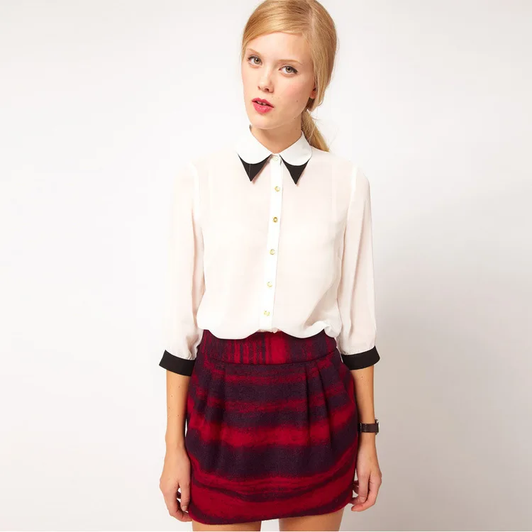 Autumn 2014 New High Street Fashion Blouse Three Quarter Sleeve Lapel Collar Chiffon Shirt for Women White Sale |