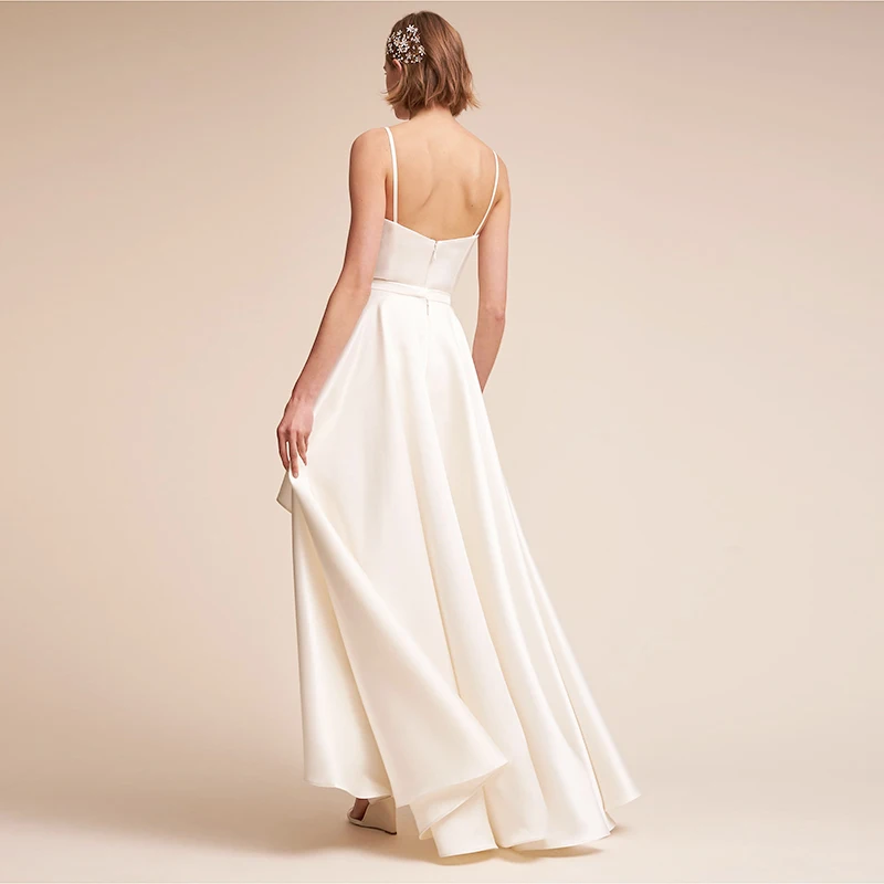 Новые простые v образным вырезом атласная Высокая Низкая Vestidos De Novia Кристалл