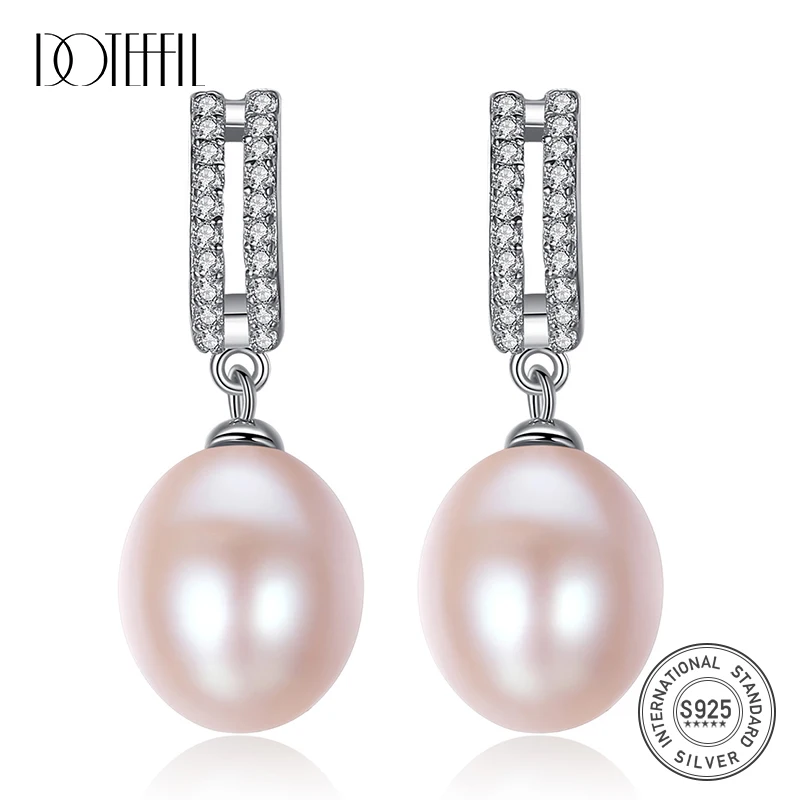 

DOTEFFIL 10mm White/Pink/Purple Natural Pearl 925 Sterling Silver AAA Zircon Earrings For Women Wedding Engagement Charm Jewelry