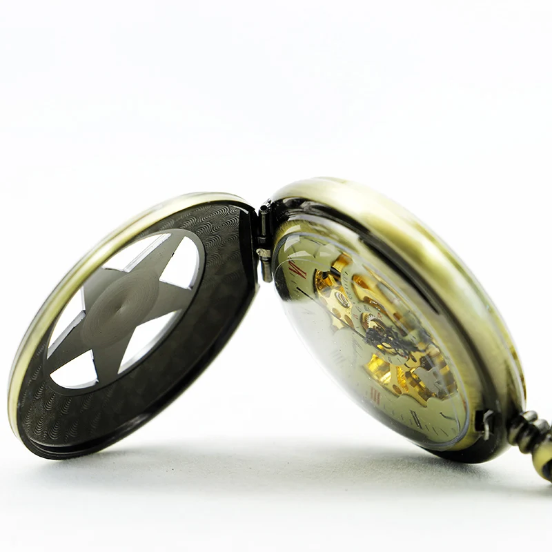 Lucky Pentagram Skull Mechanical Pocket Watch Vintage Steampunk Manual Chain Necklace Pendant Accessory Clock Gift