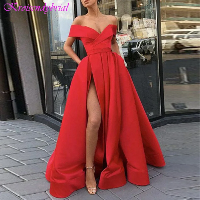 DZW405 Elegant Off the Shoulder Red Evening Dresses 2019 Party Gown Satin Sexy Sky Blue High Slit Long Vestido De Festa | Свадьбы и