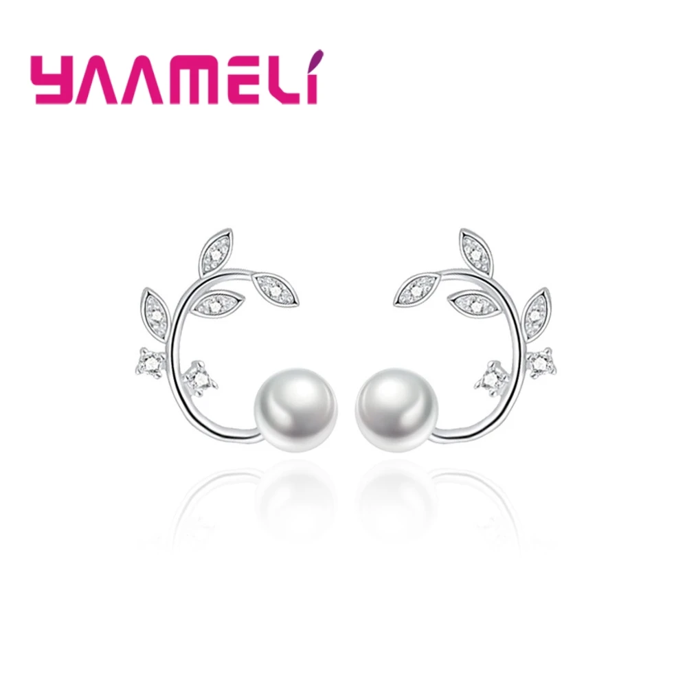 

Korea Pretty Pearls Leaves 925 Sterling Silver Stud Earrings With Shiny Zircons For Women Brincos Bijoux Drop Shipping