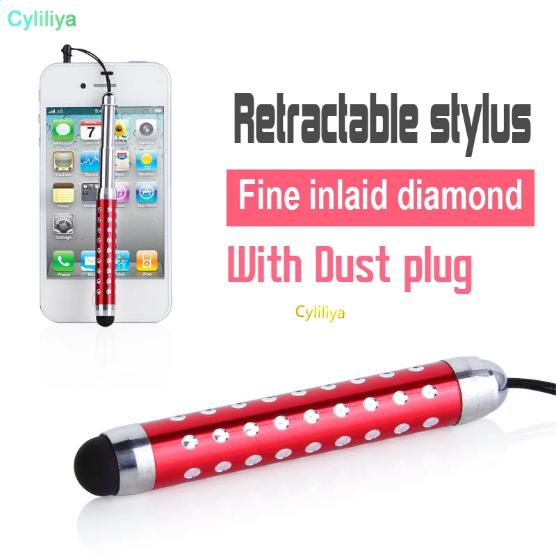 50pcs/lot Wholesale - Diamond Crystal Design Capacitive Stylus Retractable touch pen for Mobile phone with dust plug |
