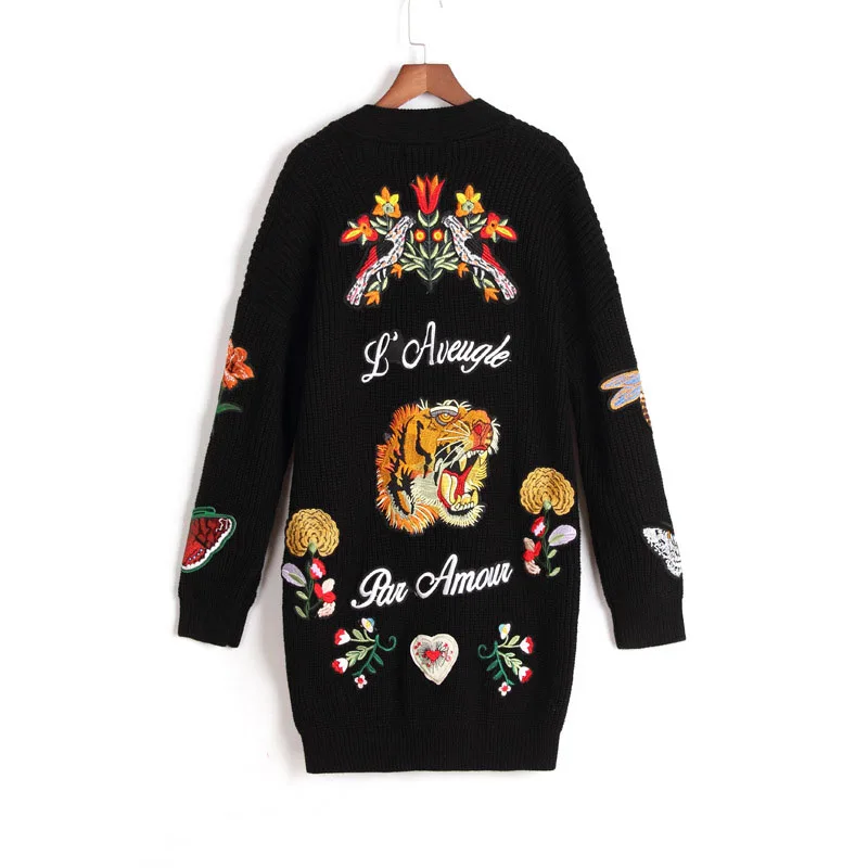 Runway Women Embroidery Tiger Jacket Black Long Sweater Cardigans 2018 Autumn Winter Lady Vintage Jumper Coat Clothing |