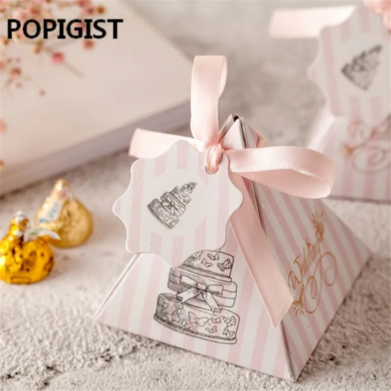 

Pink Striped Paper Boxes Cake Triangular Pyramid Wedding Favors Candy Boxes +card+ribbon Party Gift Box Chocolate Box 50pcs
