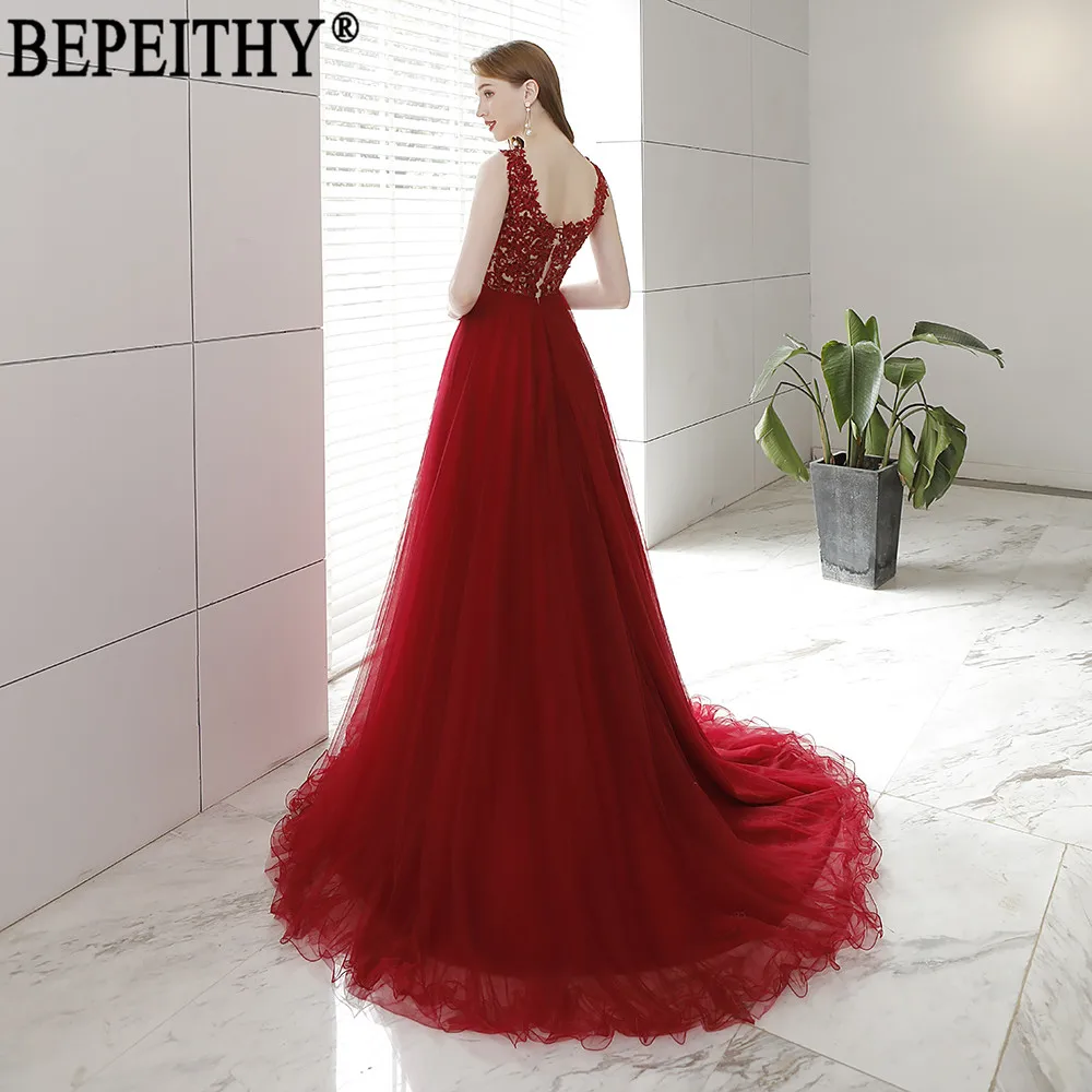 BEPEITHY, Vestidos De Gala Largos, Новое поступление, торжественное платье, бордовое, тюль, v-образный вырез, аппликация, бисер, Длинные вечерние платья