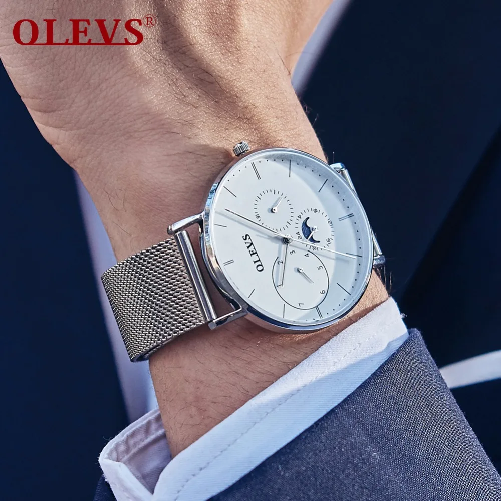 OLEVS ультра-тонкие мужские часы кожаные кварцевые с Лунной фазой роскошные