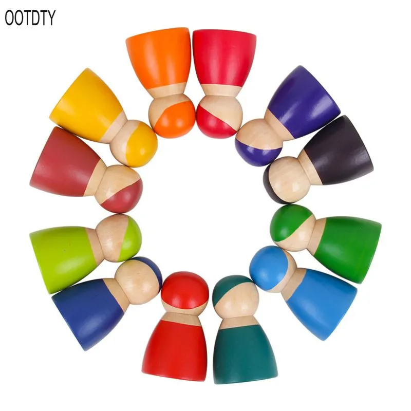 

OOTDTY Montessori Set Of 12 Rainbow Friends Peg Dolls Wooden Pretend Play People Figures Baby Toy Environmental Safety Paint