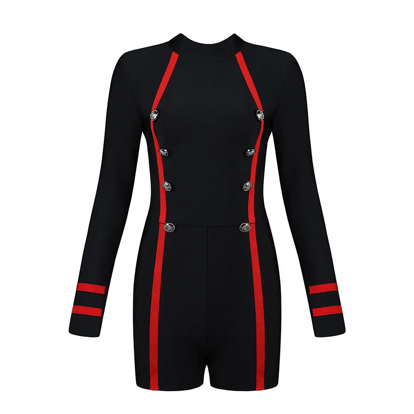 UKCNSEP Для женщин Сексуальная Bodycon бинты комбинезон с длинным рукавом двубортный о шеи знаменитости праздничный комбинезон элегантный женский игровой костюм