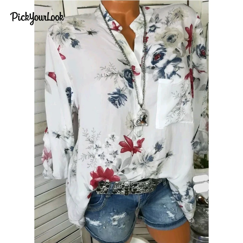 PickyourLook женские топы размера плюс Цветочная блузка рубашка с длинным рукавом