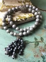 boho chic silver gray druzy agates beads stretch bracelet pave gunmtal oval beads tassl stack bracelet