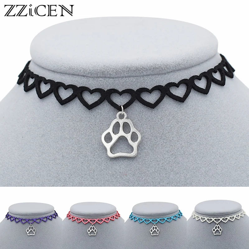 

New Antique Cat Dog Pet Dog's Paw Footprint Pendant Love Heart Choker Necklace for Women Friends Dog Lover Gifts Jewelry