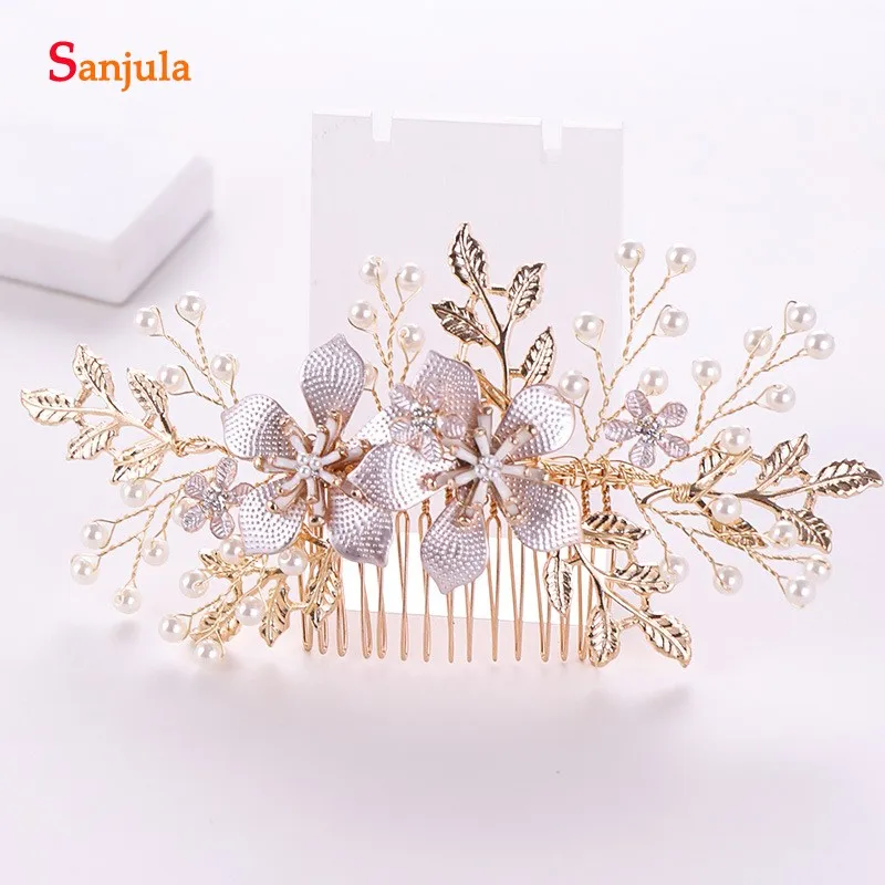 2019 Delicate Bridal Hair Combs Gold Leaves Flowers Wedding Headpieces With Pearls T103 | Свадьбы и торжества