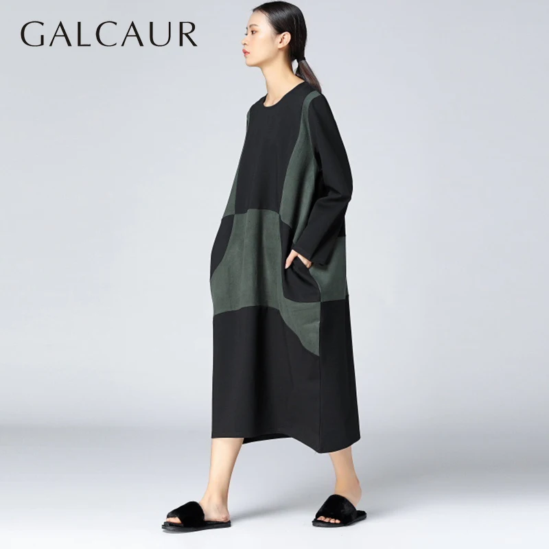 Galcaur новый на осень-зиму Круглый воротник с длинным рукавом Зеленый Сплит