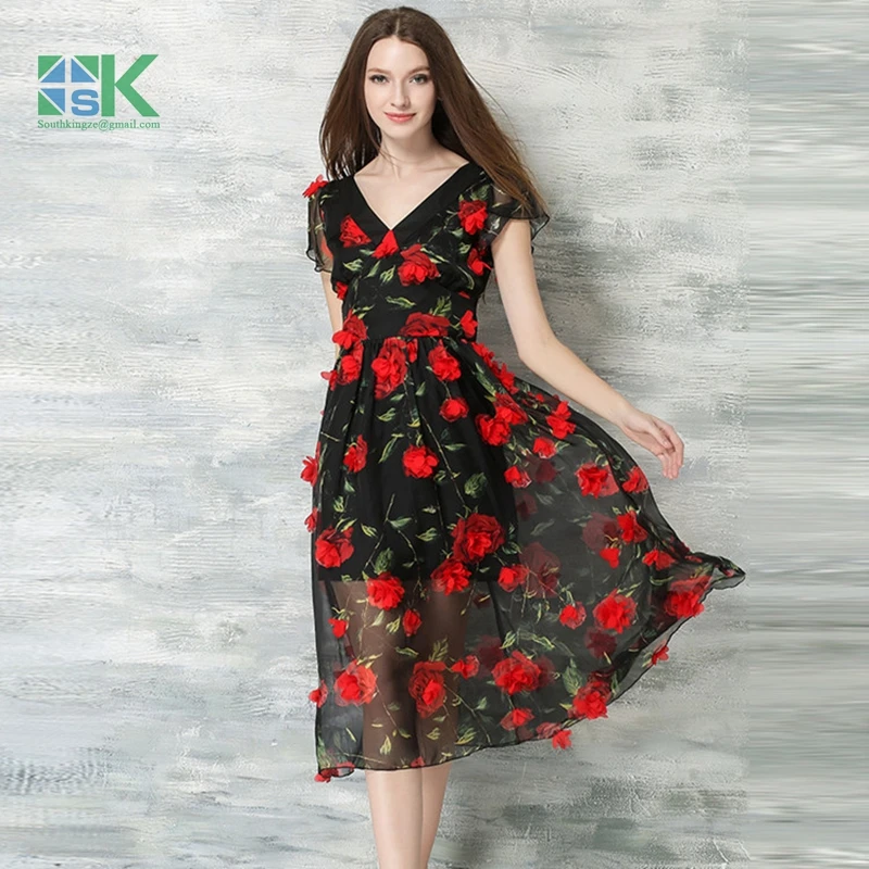 New 2016 SK Lace Fabric Art summer black white three-dimensional embroidery flower 130cm chiffon lace dress clothing d |