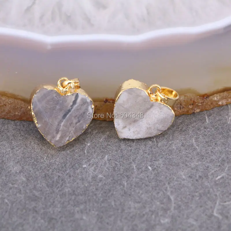 5pcs Charm Quartz Pendant Heart Gold color White AB Crystal Drusy Gem stone For Jewelry Making | Украшения и аксессуары