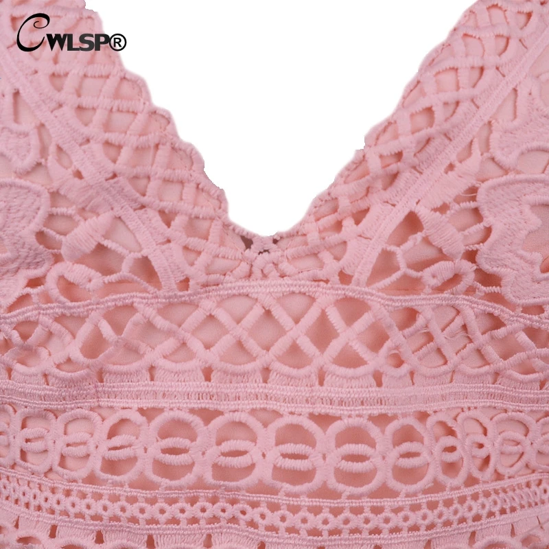 Женский пляжный короткий комбинезон CWLSP белый розовый кружевной с бантом и