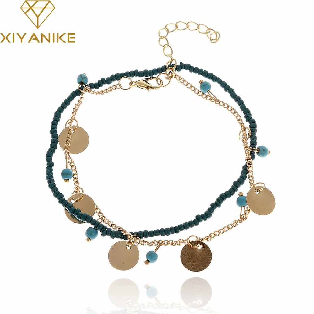 XIYANIKE 1 шт. летняя синяя каменная цепочка для ног круглые листовые браслеты и