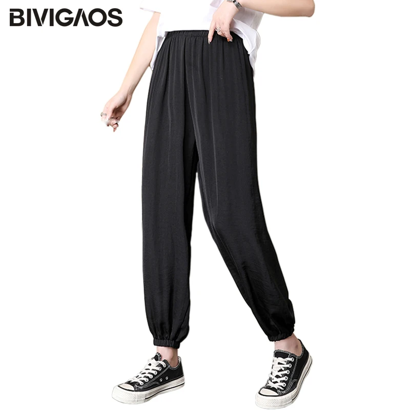 

BIVIGAOS New Summer Fairy Cool Pants Ice Silk Sun Proof Casual Loose Harem Pants Anti-mosquito Chiffon Bloomers Trousers Women