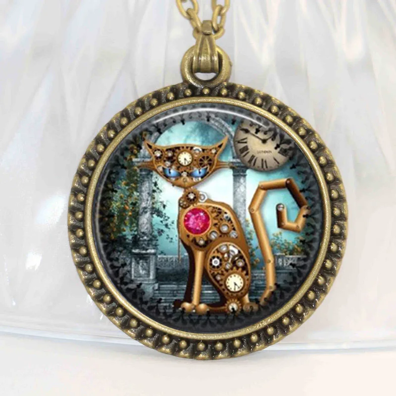 Ожерелье в виде кота стиле стимпанк винтажное Ювелирное Украшение со стеклянной