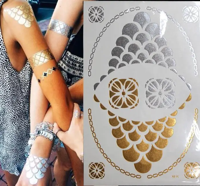 

Indian Temporary Tattoo Flower Jewelry Necklace Gold Metallic Glitter Flash Tattoo Henna Fake Tattoos stickers