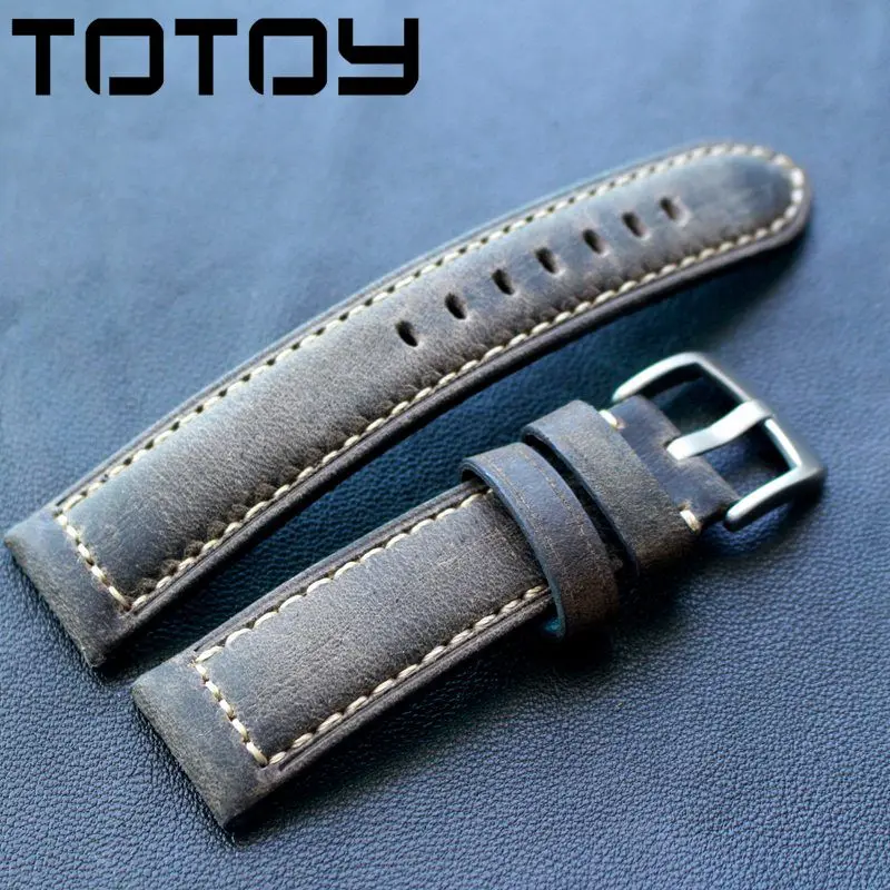 TOTOY ручной работы серый кожаный Ремешки для наручных часов, 20 мм 22 мм Открытый военные часы Ретро телячья кожа ремешок, грубая ветер ремень