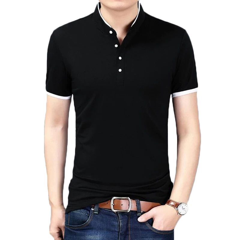Summer Tshirt Men New Fashion Solid Color Slim Fit Short Sleeve T Shirts Mens Mandarin Collar Casual T-Shirt Brand Clothing | Мужская