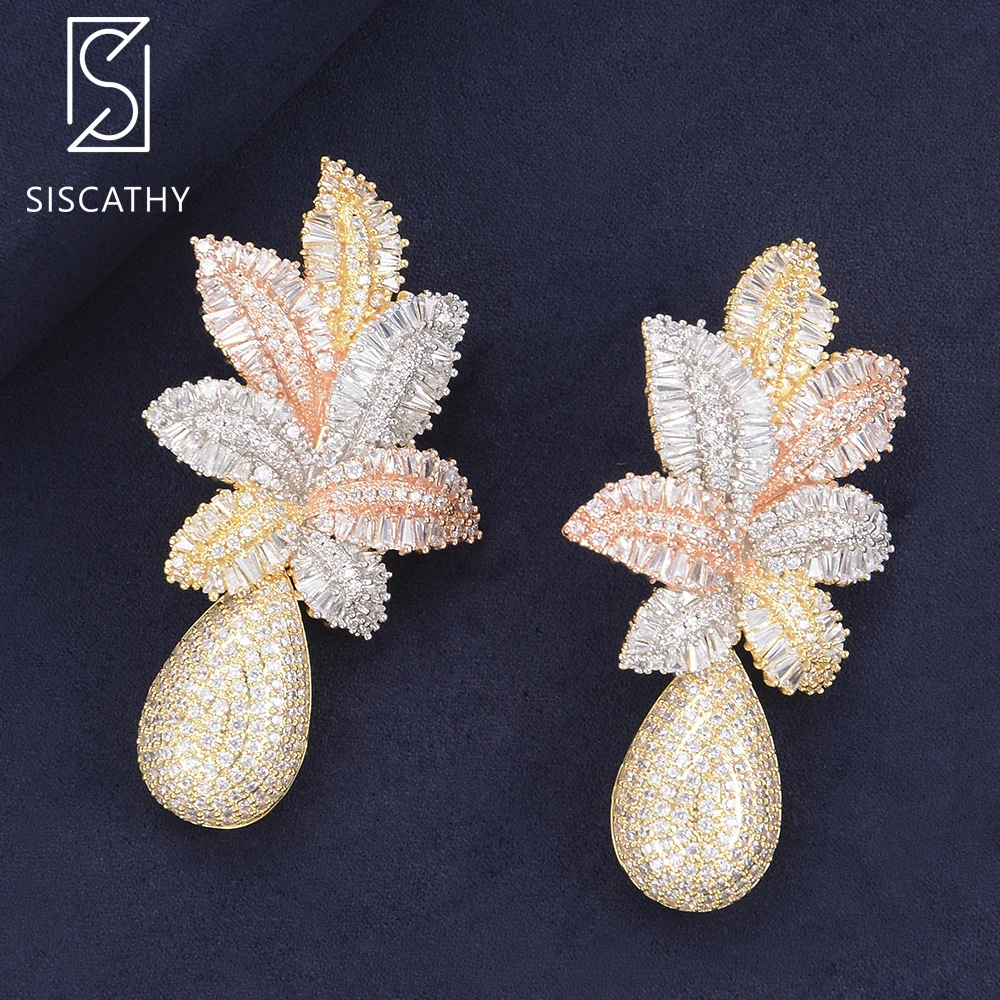 Женские серьги подвески SISCATHY Роскошные Длинные в форме листьев цветка с фианитом