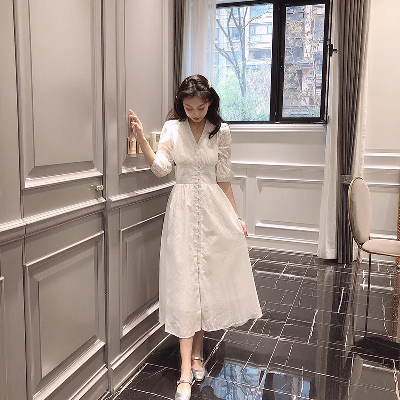 

2019 spring summer new women's French retro dress over the knee high waist puff sleeve v neck split fork sexy dress Female m42