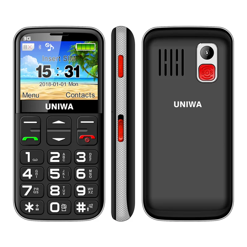 UNIWA V808G, мобильный телефон для пожилых людей, 3G, кнопка SOS, 1400 мА/ч, 2,31 дюйма, изогнутый экран, фонарик, фонарь, сотовый телефон для пожилых людей - Цвет: Black