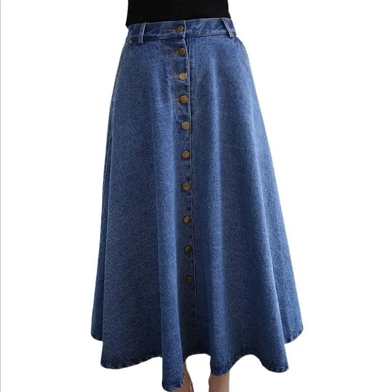 light blue Новая модная одежда, Корейская джинсовая юбка PreppyStyle, Женская однотонная длинная юбка с высокой талией, Женская Повседневная винтажная джинсовая юбка на пуговицах - Цвет: light blue