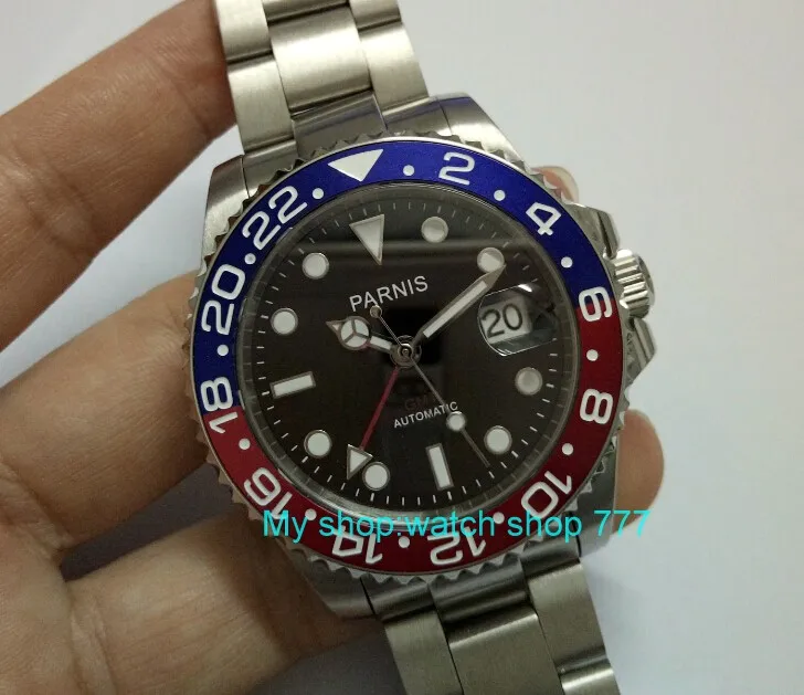 2017 новая мода 40 мм parnis GMT Красный & Blu ободок сапфировое стекло Мужские