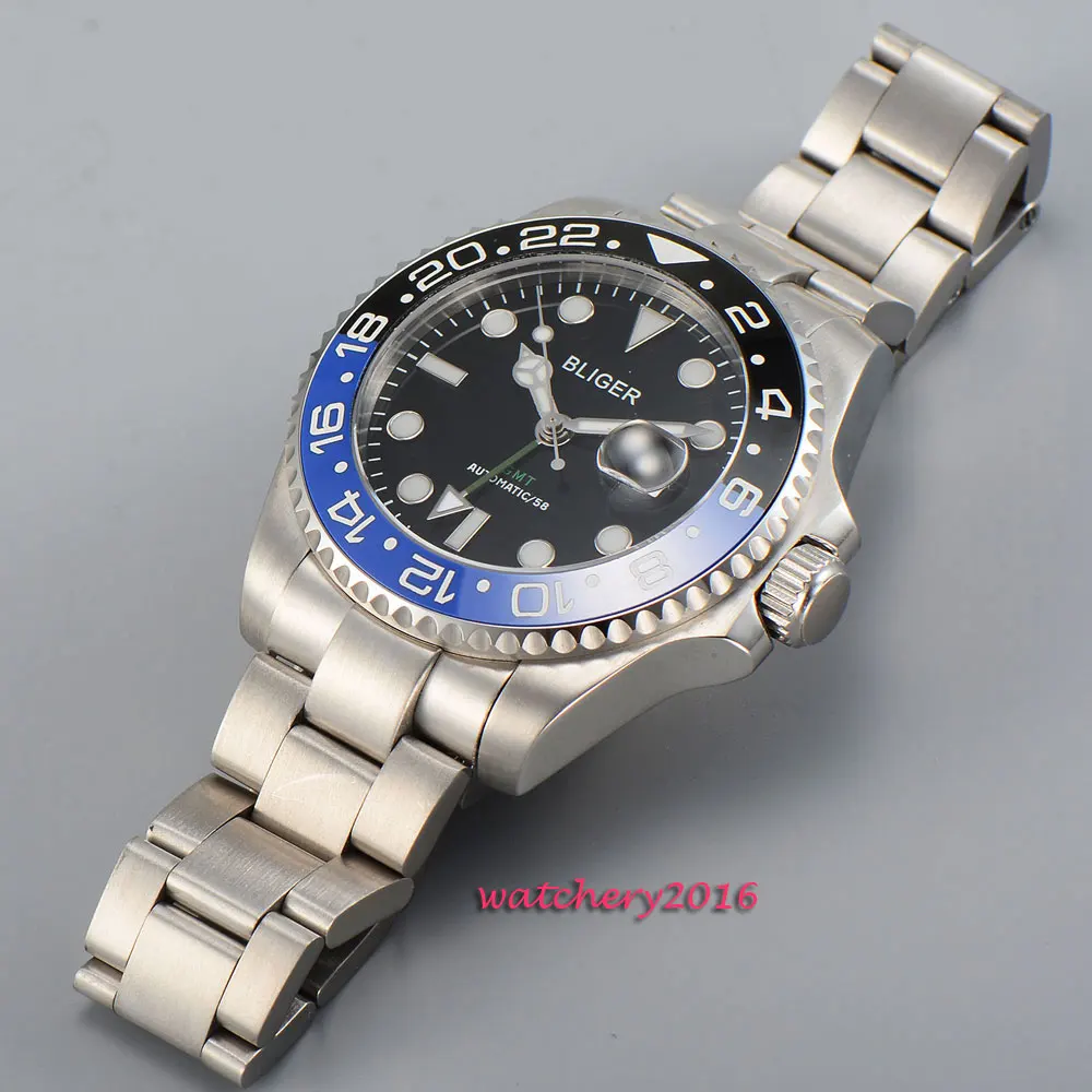 Мужские автоматические механические часы Bliger GMT черный циферблат 43 мм с